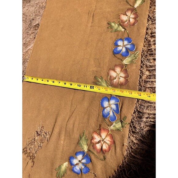 SHAWL BIKINI COVER UP FRINGE SHEER BROWN BEADS HAND PAINTED SCARF SURFACE VTG - Picture 7 of 9